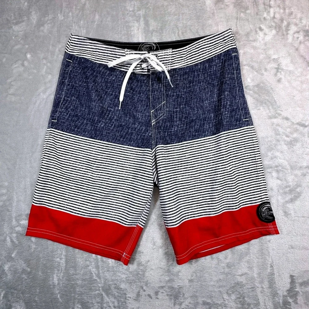 O'Neill Board Shorts Mens 32 Blue White‎ Red Striped Hyperfreak Swim Trunks